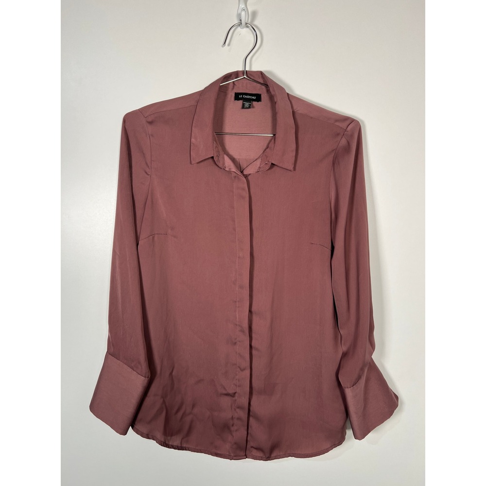 Mauve Workwear Blouse Le Chateau Pink Long Sleeve Satin Minimalist Medium